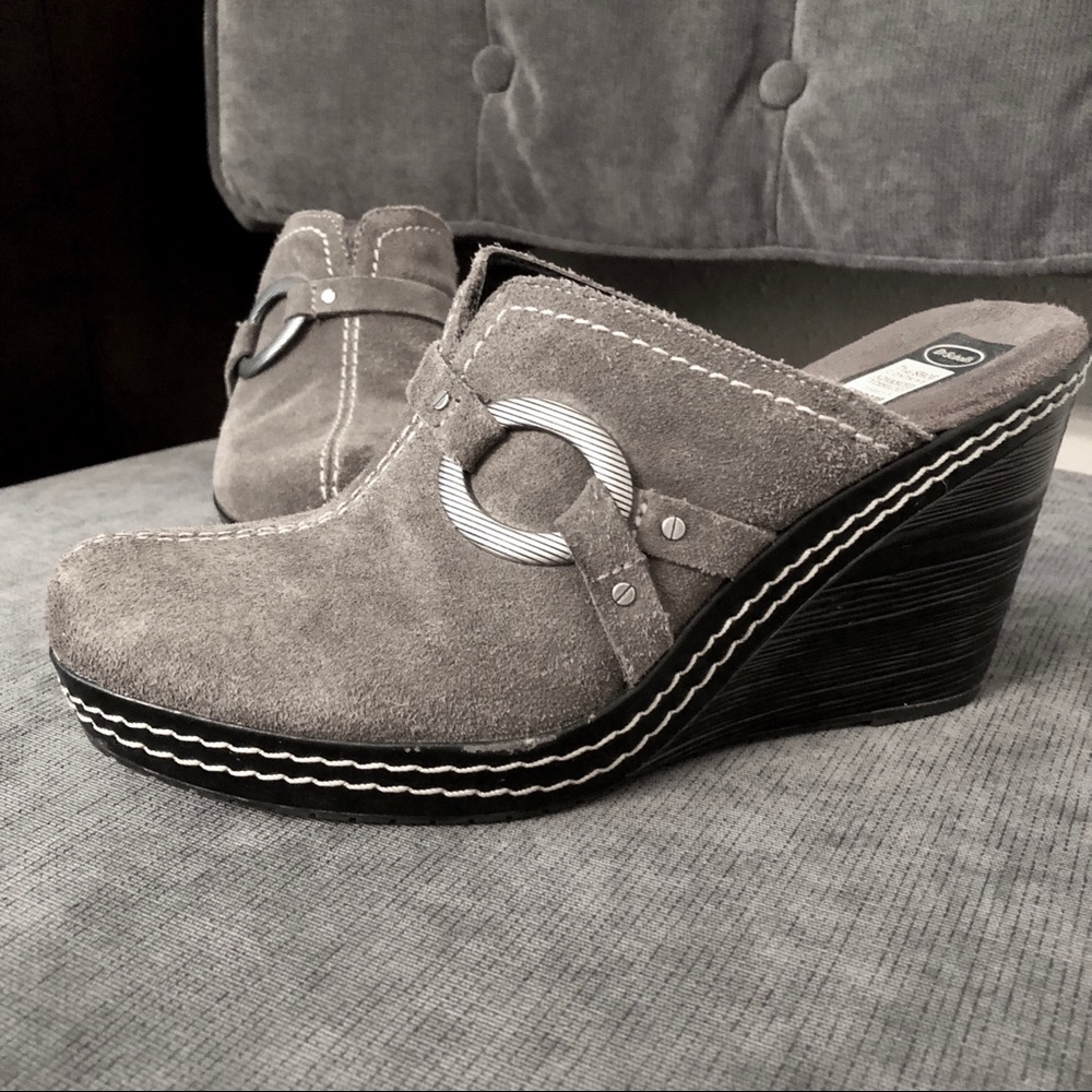 Dr Scholl’s Gray Suede Wedge Mules, Size 7